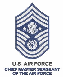 Military badge for Chief Master Sergeant of the U.S. Air Force, featuring an emblem, stars, and stripes in blue and white.