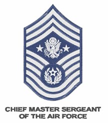Military insignia featuring a Chief Master Sergeant of the Air Force, with a navy shield, eagle emblem, and stars.
