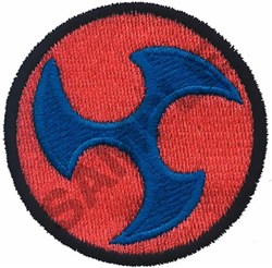 Circular emblem with a bold blue design on vibrant red, framed by a black border, in graphic style.