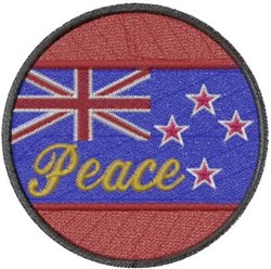 Circular patch featuring a flag design with red and blue colors and the word 'Peace' in elegant yellow script.