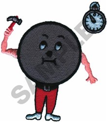 Cartoon clock character with a black face, red pants, humorously holding a hammer and stopwatch. Perfect for playful environm