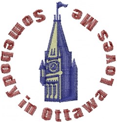 Playful clock tower in bold blue with yellow accents, surrounded by red text in a circular layout.