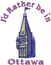 Playful clock tower with a flag, blue shades, and purple text 'I'd Rather be in Ottawa'. Ideal for casual decor.