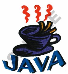 Coffee cup in deep blue with brown stirrers, topped with red steam and bold 'JAVA' text. Fun kitchen design.