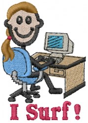 Cartoon person with a ponytail sitting in a blue chair at a computer, smiling with 'I Surf!' text below.