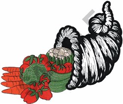 Festive cornucopia filled with colorful carrots, tomatoes, zucchini, and cauliflower, showcasing vibrant details for Thanksgi