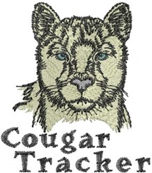 Realistic cougar face with piercing blue eyes and bold 'Cougar Tracker' text, perfect for wildlife lovers.
