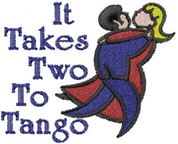 Couple dancing in a playful cartoon style, highlighting bold red, blue, and yellow colors with 'It Takes Two To Tango' text.