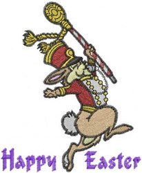 Dancing Easter Bunny in a vibrant costume with beads, joyfully holding a musical staff, perfect for festive celebrations.