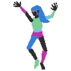 Cartoon dancing figure in vibrant greens, pinks, and blues with dynamic pose and black limbs. Ideal for playful decor.