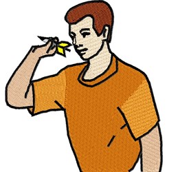 Cartoonish male figure in an orange shirt holding a dart, designed for playful sports-themed embroidery.