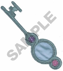 Whimsical decorative key in light blue with ornate details, featuring purple and pink gemstones.