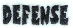 Bold text 'DEFENSE' in jagged font, black on white, with a rugged texture for assertive decor.
