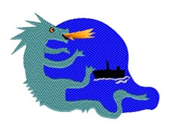 Playful green dragon breathing orange flame against blue background with ship silhouette. Whimsical fantasy design.