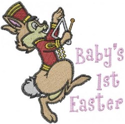 Cartoonish rabbit in red and yellow drum major uniform holding a drum. Festive design for Baby's 1st Easter.