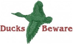Playful green duck in flight with detailed feathers and bold red 'Ducks Beware' text below. Ideal for home decor.