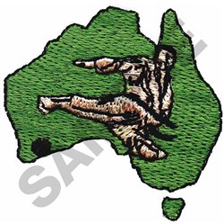 Dynamic pose figure in tan against a colorful green Australia outline, vibrant and energetic for casual gear.