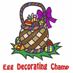Decorative basket filled with colorful Easter eggs, topped with a purple bow, on vibrant green grass. Perfect for festive cel