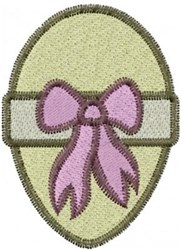 Decorative egg applique in light green with a pale pink ribbon bow and contrasting brown outline, perfect for Easter.