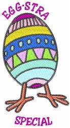 Colorful Easter egg with stripes and dots, playful chicken feet below, and 'EGG-STRA SPECIAL' text in vibrant pastel colors.
