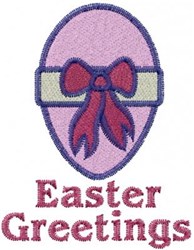 Playful Easter egg in purple with a red and green bow, embroidered text 'Easter Greetings' in red.