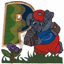 Applique elephant in a blue shirt and red hat, capturing moments with a camera next to a colorful flower.
