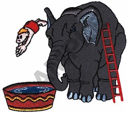 Playful black elephant next to a blue water bowl, with a performer diving from a red ladder in a whimsical circus scene.