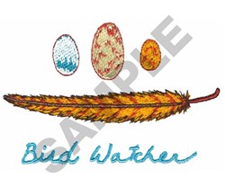 Colorful feather embroidery with vibrant yellow and orange, featuring playful blue and orange bird eggs above. 'Bird Watcher'