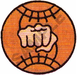 Bold fist on vibrant orange circle background, accented by black grid lines, perfect for dynamic embroidery.