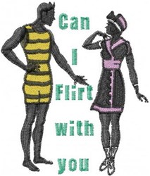 Two playful cartoon figures in vintage attire, one in a retro swimsuit and the other in a stylish dress, with 'Can I Flirt wi