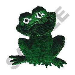 Playful green frog with large eyes and rounded body, ideal for children's projects in cheerful applique style.
