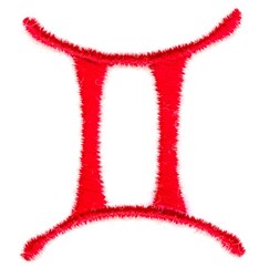 Gemini symbol in bold red with fluffy texture, playful design ideal for astrological themes.