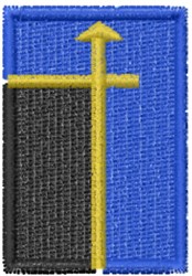 Geometric flag with a bold blue background, striking yellow cross, and a thick black section, perfect for minimalistic decor.