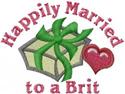 Applique gift box with vibrant green ribbon, featuring 'Happily Married to a Brit' text and red heart, perfect for weddings.