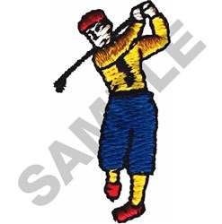 Golfer in mid-swing wearing a yellow shirt, blue pants, and red shoes. Vibrant, playful style perfect for sports.