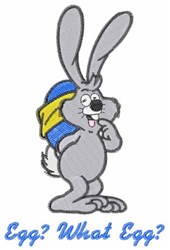 Cartoon gray rabbit with large ears and a blue and yellow backpack, text reads 'Egg? What Egg?' for Easter decor.