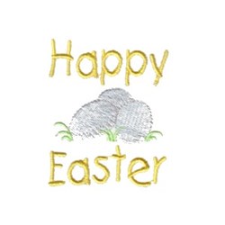 Bright yellow 'Happy Easter' text surrounded by grey rocks and green grass, perfect for festive spring decor.