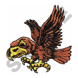 Realistic hawk with brown feathers and a yellow beak, wings outstretched in dynamic motion.