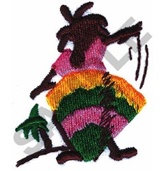 Vibrant hula dancer in a colorful skirt dancing joyfully with floral details, perfect for summer themes.