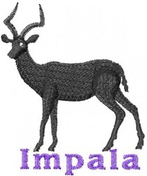 Stylized black impala with prominent horns and vibrant purple 'Impala' text, ideal for playful embroidery.
