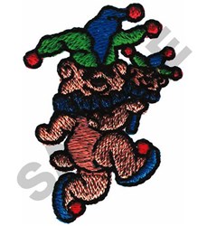 Colorful jester character with a vibrant expression, green and blue hat, and red pom-poms. Perfect for festive decor.