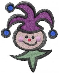 Playful jester character with a smiling face, purple hat, blue pom-poms, and green collar. Perfect for festive decor.