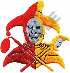 Colorful jester face with playful expression, featuring red and yellow hues and a clown hat, ideal for whimsical decor.