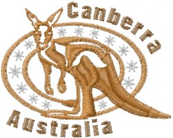 Stylized kangaroo in warm brown tones with text 'Canberra' and 'Australia' surrounded by whimsical snowflakes.