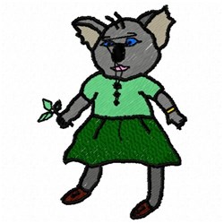 Cartoon koala in a green shirt and skirt holds a leaf, showcasing a playful expression. Vibrant nature theme.