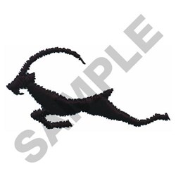 Stylized silhouette of a leaping antelope with curved horns in minimalistic design on a white background.