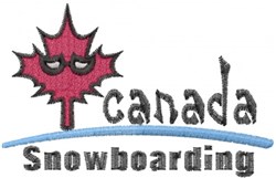 Vibrant red maple leaf with bold black 'canada Snowboarding' text and blue line, perfect for winter sports.