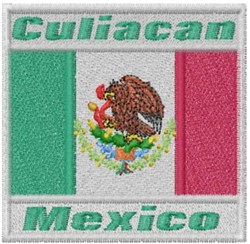 Realistic Mexican flag with green, white, and red stripes; eagle on cactus with a serpent; features 'Culiacan' and 'Mexico' e
