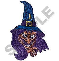 Cartoonish mischievous witch with vibrant purple hair, blue pointed hat, and sly grin, perfect for Halloween.