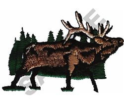 Realistic moose with brown and black fur, impressive antlers, surrounded by green coniferous trees in a woodland scene.